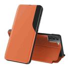 For Samsung Galaxy S21 5G Side Display  Shockproof Horizontal Flip Leather Case with Holder(Orange) - 1