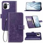 For Xiaomi Mi 11 Four-leaf Clasp Embossed Buckle Mobile Phone Protection Leather Case with Lanyard & Card Slot & Wallet & Bracket Function(Purple) - 1