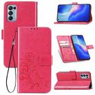 For OPPO Reno5 5G Four-leaf Clasp Embossed Buckle Leather Phone Case with Lanyard & Card Slot & Wallet & Holder(Magenta) - 1