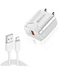 LZ-023 18W QC 3.0 USB Portable Travel Charger + 3A USB to 8 Pin Data Cable, US Plug(White) - 1