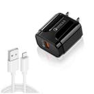 LZ-023 18W QC 3.0 USB Portable Travel Charger + 3A USB to 8 Pin Data Cable, US Plug(Black) - 1
