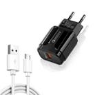 LZ-023 18W QC 3.0 USB Portable Travel Charger + 3A USB to Micro USB Data Cable, EU Plug(Black) - 1