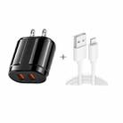 Dual USB Portable Travel Charger + 1 Meter USB to 8 Pin Data Cable, US Plug(Black) - 1