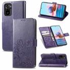 For Xiaomi Redmi Note 10 4G Four-leaf Clasp Embossed Buckle Mobile Phone Protection Leather Case with Lanyard & Card Slot & Wallet & Bracket Function(Purple) - 1