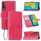 For LG Stylo 7 Four-leaf Clasp Embossed Buckle Mobile Phone Protection Leather Case with Lanyard & Card Slot & Wallet & Bracket Function(Rose Red) - 1