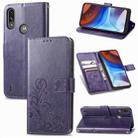 For Motorola E7 Power Four-leaf Clasp Embossed Buckle Mobile Phone Protection Leather Case with Lanyard & Card Slot & Wallet & Bracket Function(Purple) - 1