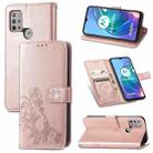 For Motorola Moto G10 , G30 Four-leaf Clasp Embossed Buckle Mobile Phone Protection Leather Case with Lanyard & Card Slot & Wallet & Bracket Function(Rose Gold) - 1