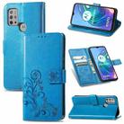 For Motorola Moto G10,  G30 Four-leaf Clasp Embossed Buckle Mobile Phone Protection Leather Case with Lanyard & Card Slot & Wallet & Bracket Function(Blue) - 1