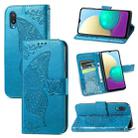 For Samsung Galaxy A02 Butterfly Love Flower Embossed Horizontal Flip Leather Case with Bracket & Card Slot & Wallet & Lanyard(Blue) - 1