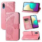 For Samsung Galaxy A02 Butterfly Love Flower Embossed Horizontal Flip Leather Case with Bracket & Card Slot & Wallet & Lanyard(Pink) - 1