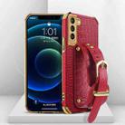 For Samsung Galaxy S21 Electroplated TPU Crocodile Pattern Leather Case with Wrist Strap(Red) - 1