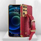 For Samsung Galaxy S21 Ultra Electroplated TPU Crocodile Pattern Leather Case with Wrist Strap(Red) - 1