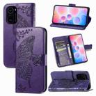 For Xiaomi Redmi K40 /K40 Pro /K40 Pro+ Butterfly Love Flowers Embossed Horizontal Flip Leather Case with Holder & Card Slots & Wallet & Lanyard(Dark Purple) - 1