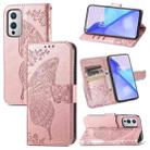 For OnePlus 9 Butterfly Love Flowers Embossed Horizontal Flip Leather Case with Holder & Card Slots & Wallet & Lanyard(Rose Gold) - 1