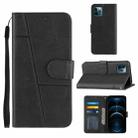 For iPhone 12 Pro Max Stitching Calf Texture Buckle Horizontal Flip Leather Case with Holder & Card Slots & Wallet & Lanyard(Black) - 1