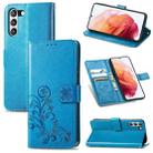 For Samsung Galaxy S21 FE Four-leaf Clasp Embossed Buckle Mobile Phone Protection Leather Case with Lanyard & Card Slot & Wallet & Bracket Function(Blue) - 1