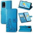 For OPPO A54  4G Four-leaf Clasp Embossed Buckle Mobile Phone Protection Leather Case with Lanyard & Card Slot & Wallet & Bracket Function(Blue) - 1