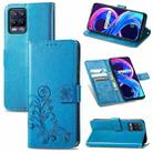 For OPPO Realme 8 5G / Realme V13 5G Four-leaf Clasp Embossed Buckle Mobile Phone Protection Leather Case with Lanyard & Card Slot & Wallet & Bracket Function(Blue) - 1