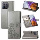 For Xiaomi Mi 11 Pro Four-leaf Clasp Embossed Buckle Mobile Phone Protection Leather Case with Lanyard & Card Slot & Wallet & Bracket Function(Grey) - 1