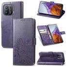 For Xiaomi Mi 11 Pro Four-leaf Clasp Embossed Buckle Mobile Phone Protection Leather Case with Lanyard & Card Slot & Wallet & Bracket Function(Purple) - 1