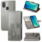 For ZTE A7S 2020 Four-leaf Clasp Embossed Buckle Mobile Phone Protection Leather Case with Lanyard & Card Slot & Wallet & Bracket Function(Grey) - 1