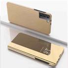 For Samsung Galaxy S21 FE Plated Mirror Horizontal Flip Leather Case with Holder(Gold) - 1