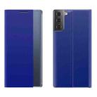 For Samsung Galaxy S21 FE Side Display Magnetic Horizontal Flip Plain Texture Cloth + PC Case with Holder & Sleep / Wake-up Function(Blue) - 1