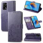 For OPPO F19 Four-leaf Clasp Embossed Buckle Mobile Phone Protection Leather Case with Lanyard & Card Slot & Wallet & Bracket Function(Purple) - 1