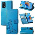 For OPPO F19 Four-leaf Clasp Embossed Buckle Mobile Phone Protection Leather Case with Lanyard & Card Slot & Wallet & Bracket Function(Blue) - 1