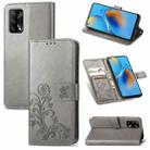 For OPPO F19 Four-leaf Clasp Embossed Buckle Mobile Phone Protection Leather Case with Lanyard & Card Slot & Wallet & Bracket Function(Gray) - 1