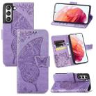 For Samsung Galaxy S21 FE Butterfly Love Flowers Embossed Horizontal Flip Leather Case with Holder & Card Slots & Wallet & Lanyard(Light Purple) - 1