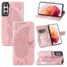 For Samsung Galaxy S21 FE Butterfly Love Flowers Embossed Horizontal Flip Leather Case with Holder & Card Slots & Wallet & Lanyard(Rose Gold) - 1