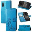 For Sony Xperia Ace II Four-leaf Clasp Embossed Buckle Mobile Phone Protection Leather Case with Lanyard & Card Slot & Wallet & Bracket Function(Blue) - 1