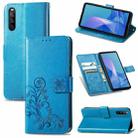 For Sony Xperia 10 III Four-leaf Clasp Embossed Buckle Mobile Phone Protection Leather Case with Lanyard & Card Slot & Wallet & Bracket Function(Blue) - 1