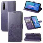 For Sony Xperia 10 III Four-leaf Clasp Embossed Buckle Mobile Phone Protection Leather Case with Lanyard & Card Slot & Wallet & Bracket Function(Purple) - 1