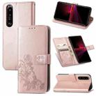 For Sony Xperia 1 III Four-leaf Clasp Embossed Buckle Mobile Phone Protection Leather Case with Lanyard & Card Slot & Wallet & Bracket Function(Rose Gold) - 1