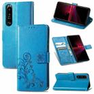 For Sony Xperia 1 III Four-leaf Clasp Embossed Buckle Mobile Phone Protection Leather Case with Lanyard & Card Slot & Wallet & Bracket Function(Blue) - 1