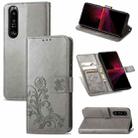 For Sony Xperia 1 III Four-leaf Clasp Embossed Buckle Mobile Phone Protection Leather Case with Lanyard & Card Slot & Wallet & Bracket Function(Gray) - 1