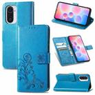 For Xiaomi Redmi K40 / K40 Pro Four-leaf Clasp Embossed Buckle Mobile Phone Protection Leather Case with Lanyard & Card Slot & Wallet & Bracket Function(Blue) - 1