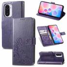 For Xiaomi Redmi K40 / K40 Pro Four-leaf Clasp Embossed Buckle Mobile Phone Protection Leather Case with Lanyard & Card Slot & Wallet & Bracket Function(Purple) - 1