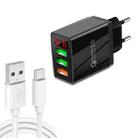 QC-07B QC3.0 3USB LED Digital Display Fast Charger + USB to Type-C Data Cable, EU Plug(Black) - 1