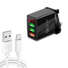 QC-07B QC3.0 3USB LED Digital Display Fast Charger + USB to Type-C Data Cable, UK Plug(Black) - 1