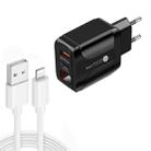 PD001C PD3.0 20W + QC3.0 USB LED Digital Display Fast Charger with USB to 8 Pin Data Cable, EU Plug(Black) - 1