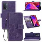 For OPPO A54 5G Four-leaf Clasp Embossed Buckle Mobile Phone Protection Leather Case with Lanyard & Card Slot & Wallet & Bracket Function(Purple) - 1