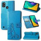 For Tecno POP 4 Pro Four-leaf Clasp Embossed Buckle Mobile Phone Protection Leather Case with Lanyard & Card Slot & Wallet & Bracket Function(Blue) - 1