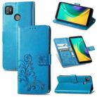 For Tecno POP 4 Four-leaf Clasp Embossed Buckle Mobile Phone Protection Leather Case with Lanyard & Card Slot & Wallet & Bracket Function(Blue) - 1