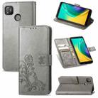 For Tecno POP 4 Four-leaf Clasp Embossed Buckle Mobile Phone Protection Leather Case with Lanyard & Card Slot & Wallet & Bracket Function(Gray) - 1