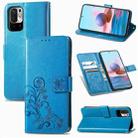 For Xiaomi Redmi Note 10 5G Four-leaf Clasp Embossed Buckle Mobile Phone Protection Leather Case with Lanyard & Card Slot & Wallet & Bracket Function(Blue) - 1