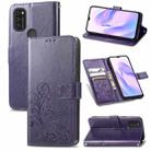 For Blackview A70 Four-leaf Clasp Embossed Buckle Mobile Phone Protection Leather Case with Lanyard & Card Slot & Wallet & Bracket Function(Purple) - 1