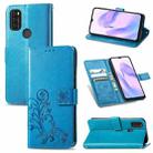 For Blackview A70 Four-leaf Clasp Embossed Buckle Mobile Phone Protection Leather Case with Lanyard & Card Slot & Wallet & Bracket Function(Blue) - 1